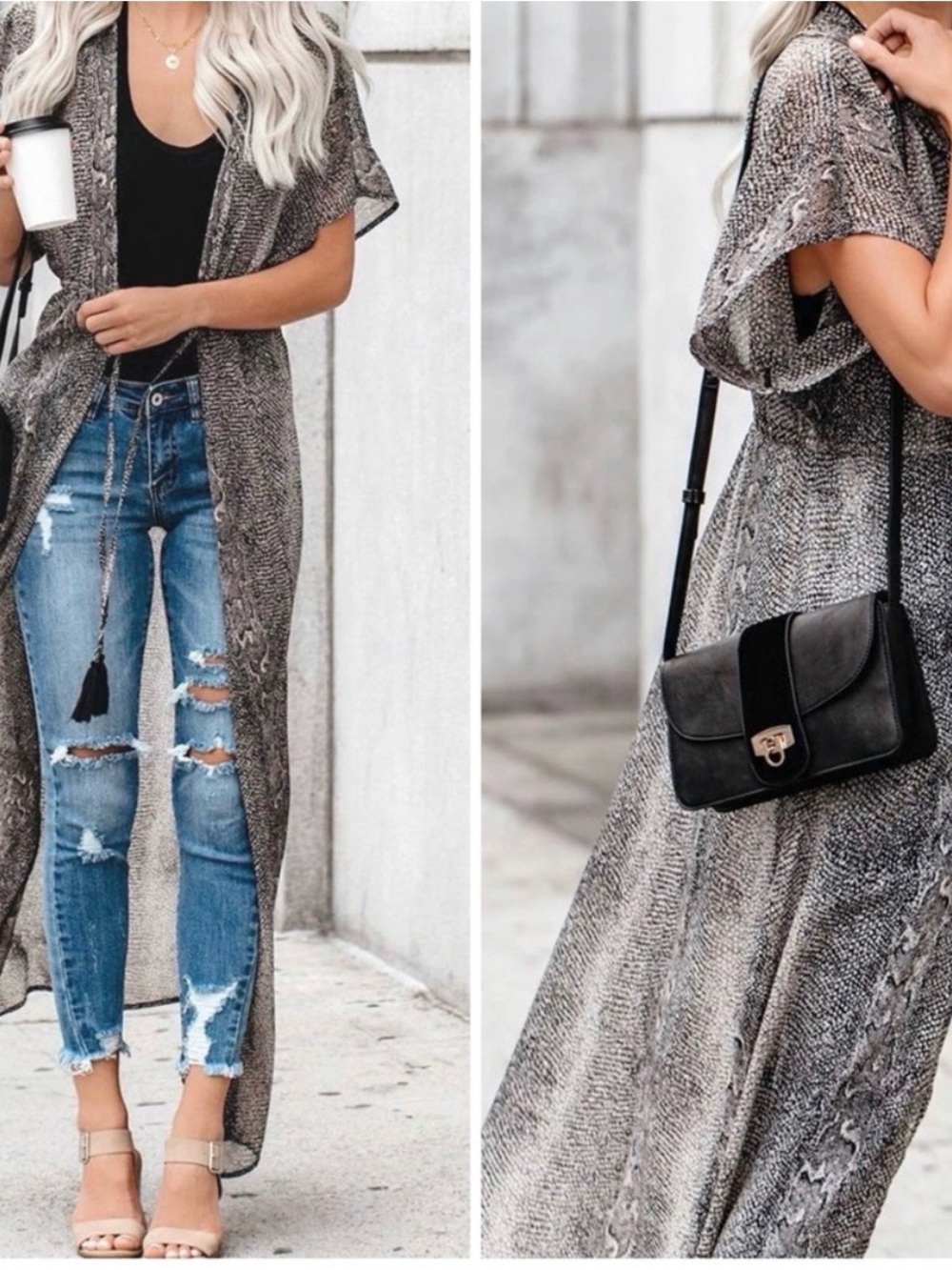Women's Gray Snake-Print Maxi Kimono Coverup